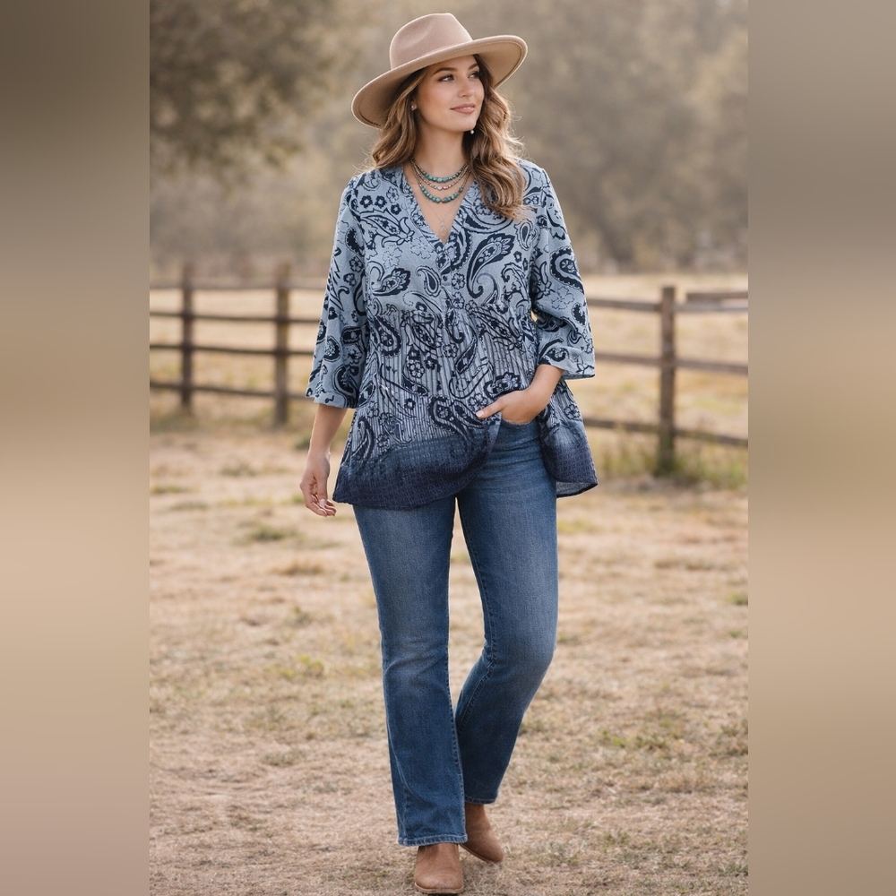 Large ROPER 100% Cotton Boho Paisley V-Neck Ombre Blouse